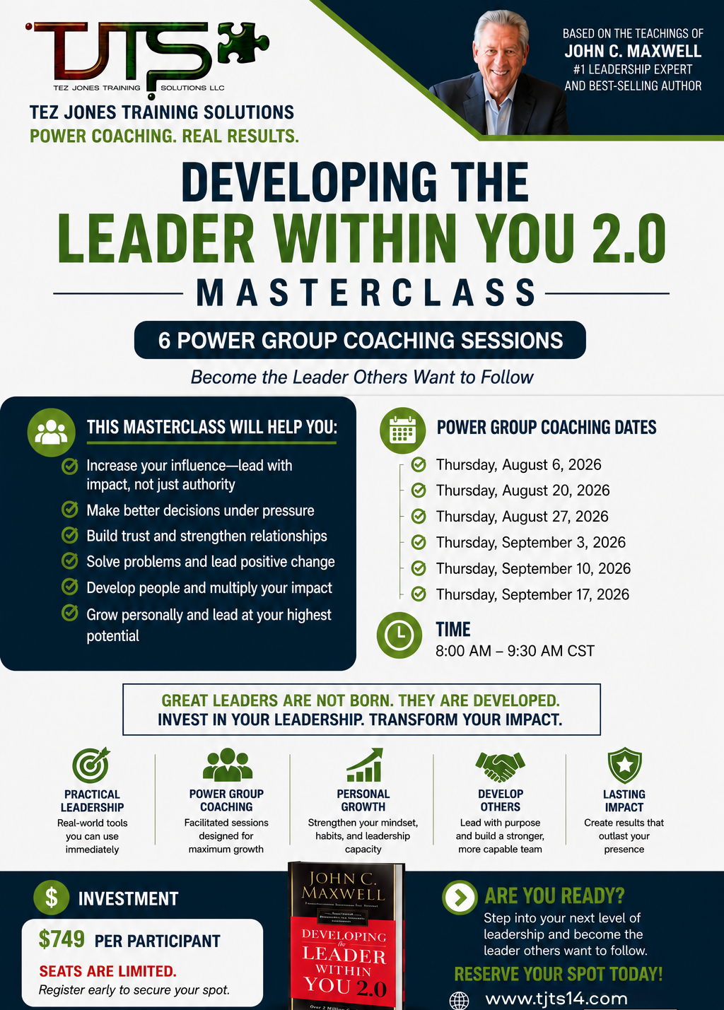 Promotional flyer for 'Developing the Leader Within You 2.0' masterclass with Tez Jones Training Solutions.